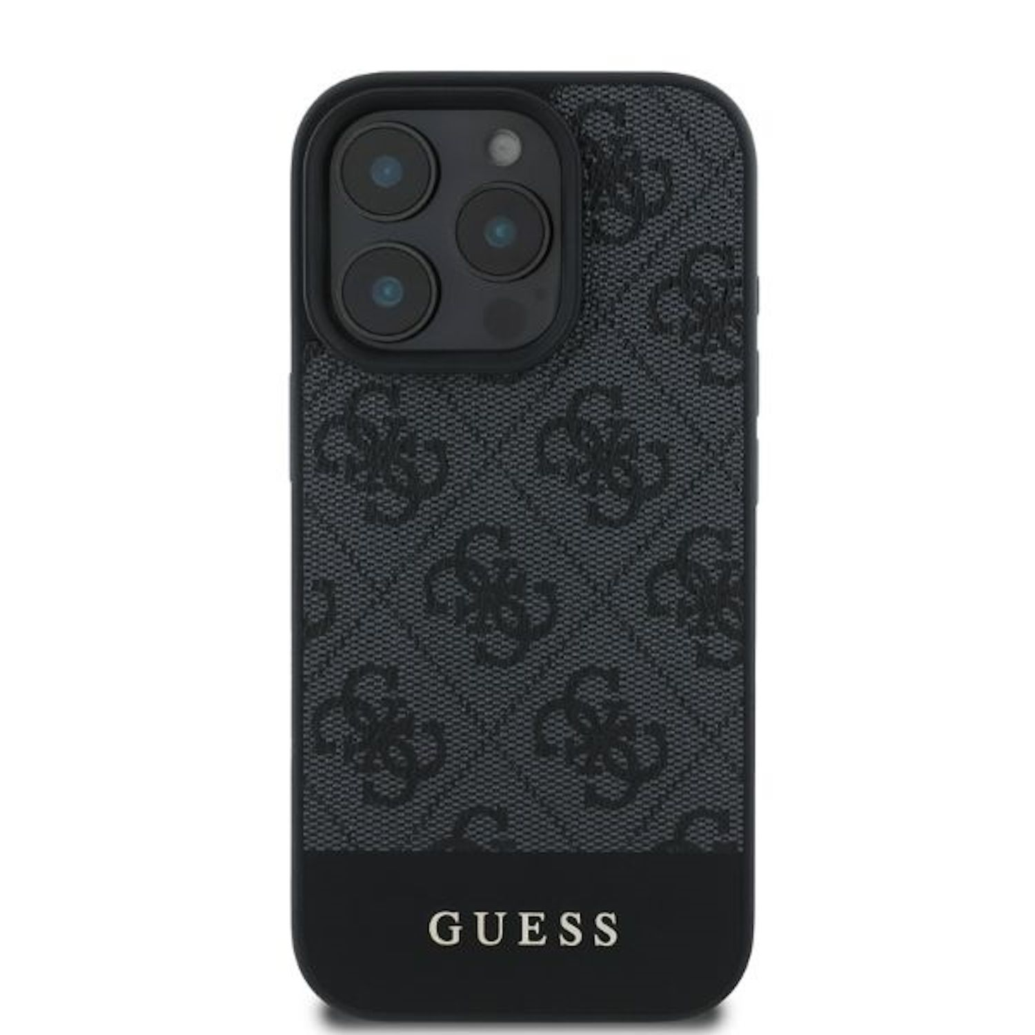 Eine schwarze Handyhülle mit GUESS-Logo-Muster.