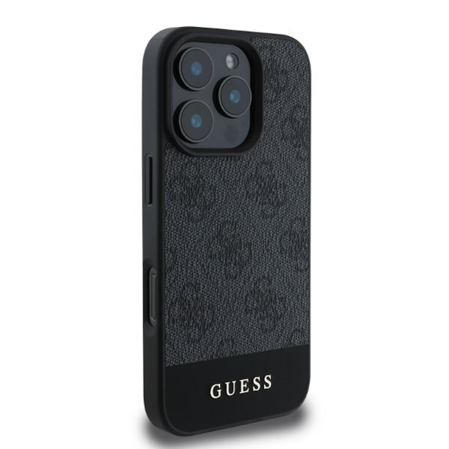 Eine schwarze Handyhülle mit Guess-Logo und strukturiertem Muster.