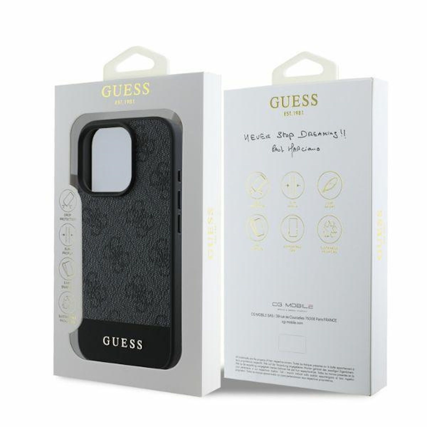 Geöffnete Guess-Handyhülle-Box, zeigt eine schwarze Handyhülle mit Logo und Notizen.