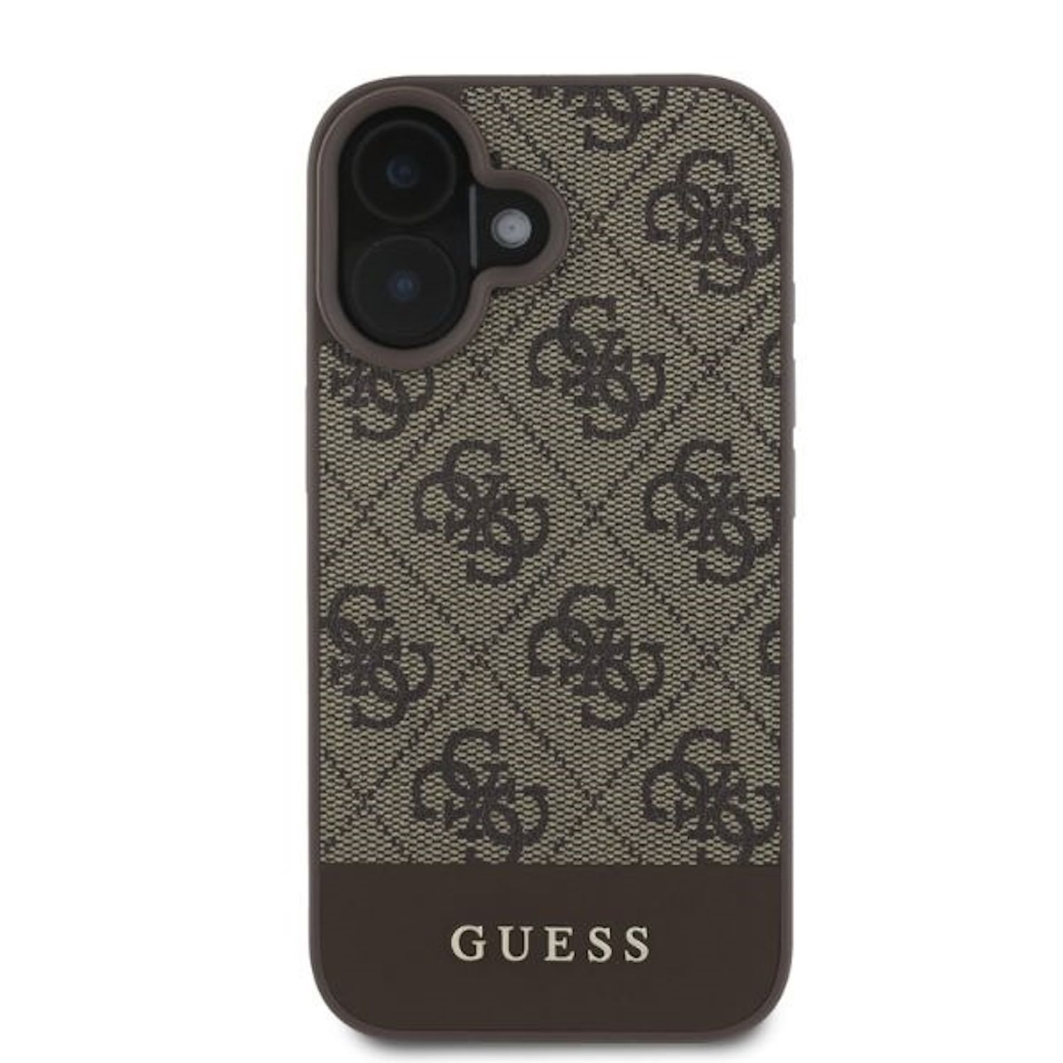 Custodia per telefono con motivo logo Guess marrone. Il bordo è marrone scuro e ha ritagli per la fotocamera.