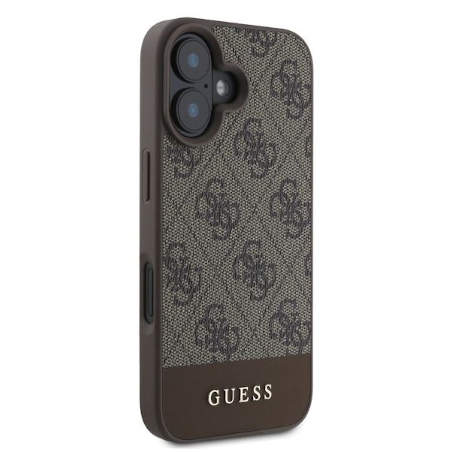 Custodia per telefono marrone e fantasia con la scritta GUESS in basso.