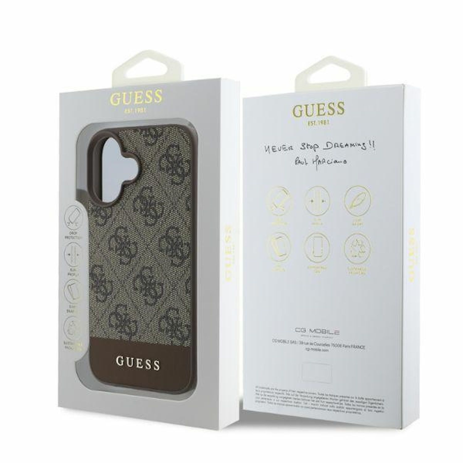 Custodia per telefono Guess in scatola, con un design marrone e fantasia, con il logo del marchio visibile.