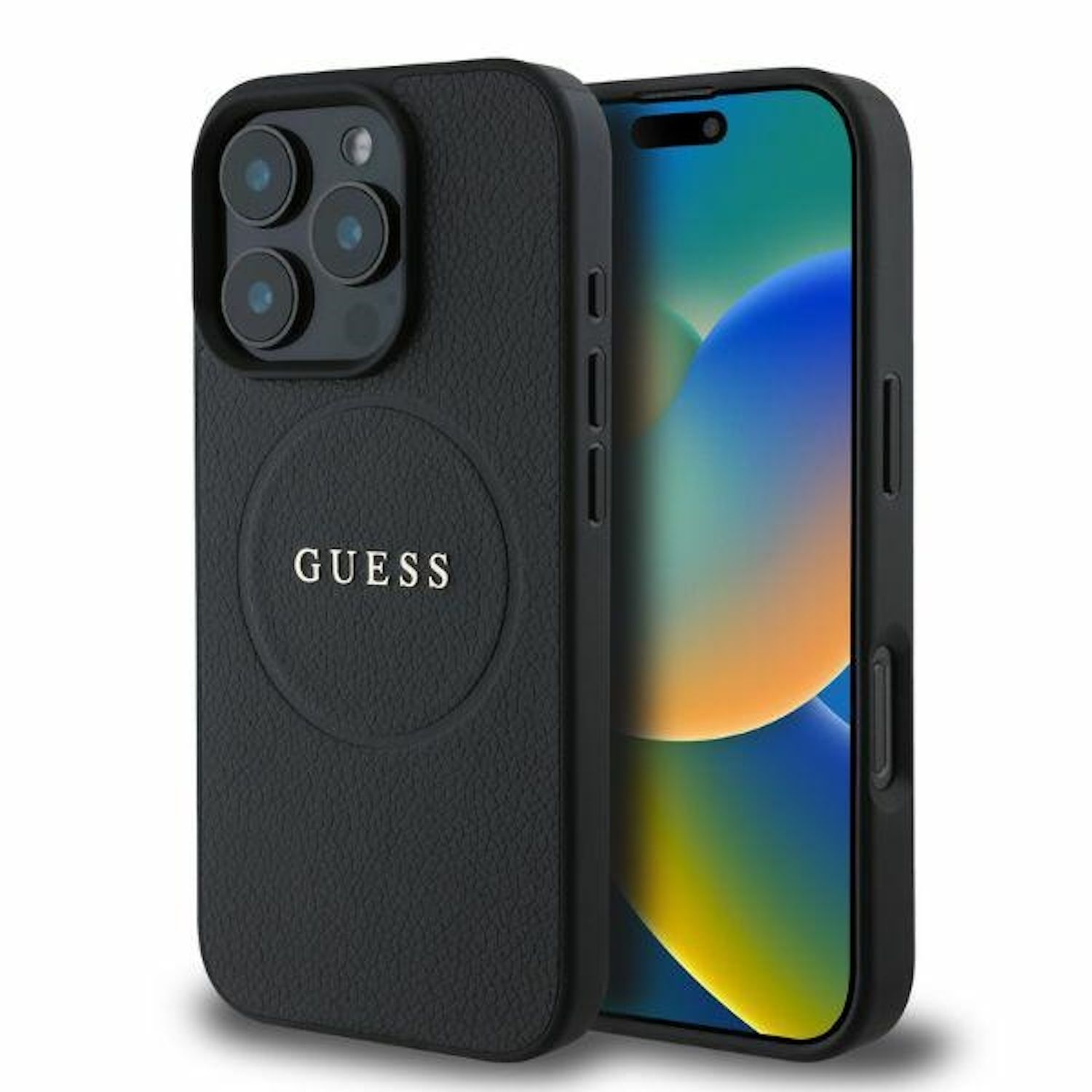 Un telefono in una custodia Guess nera. Lo schermo del telefono è visibile, mostrando una sfumatura blu e verde.