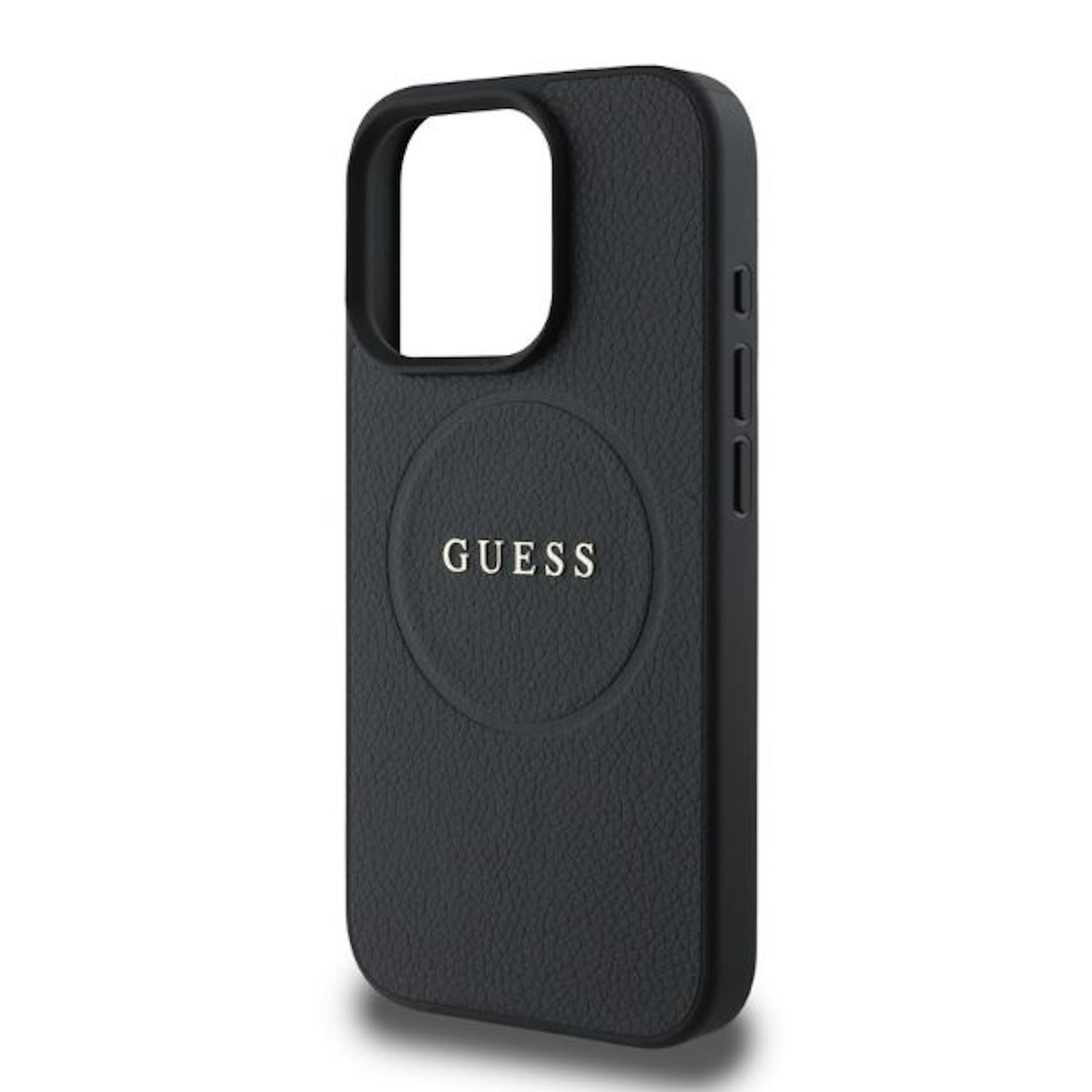 Custodia per telefono nera con la scritta GUESS in argento al centro.