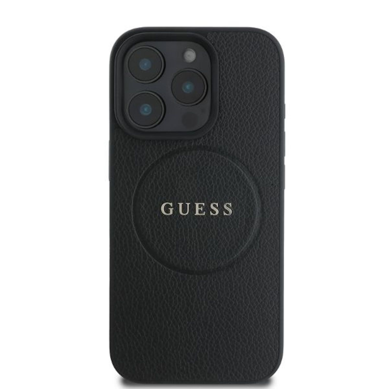 Custodia per telefono Guess nera con logo Guess argentato, con texture in pelle nera.