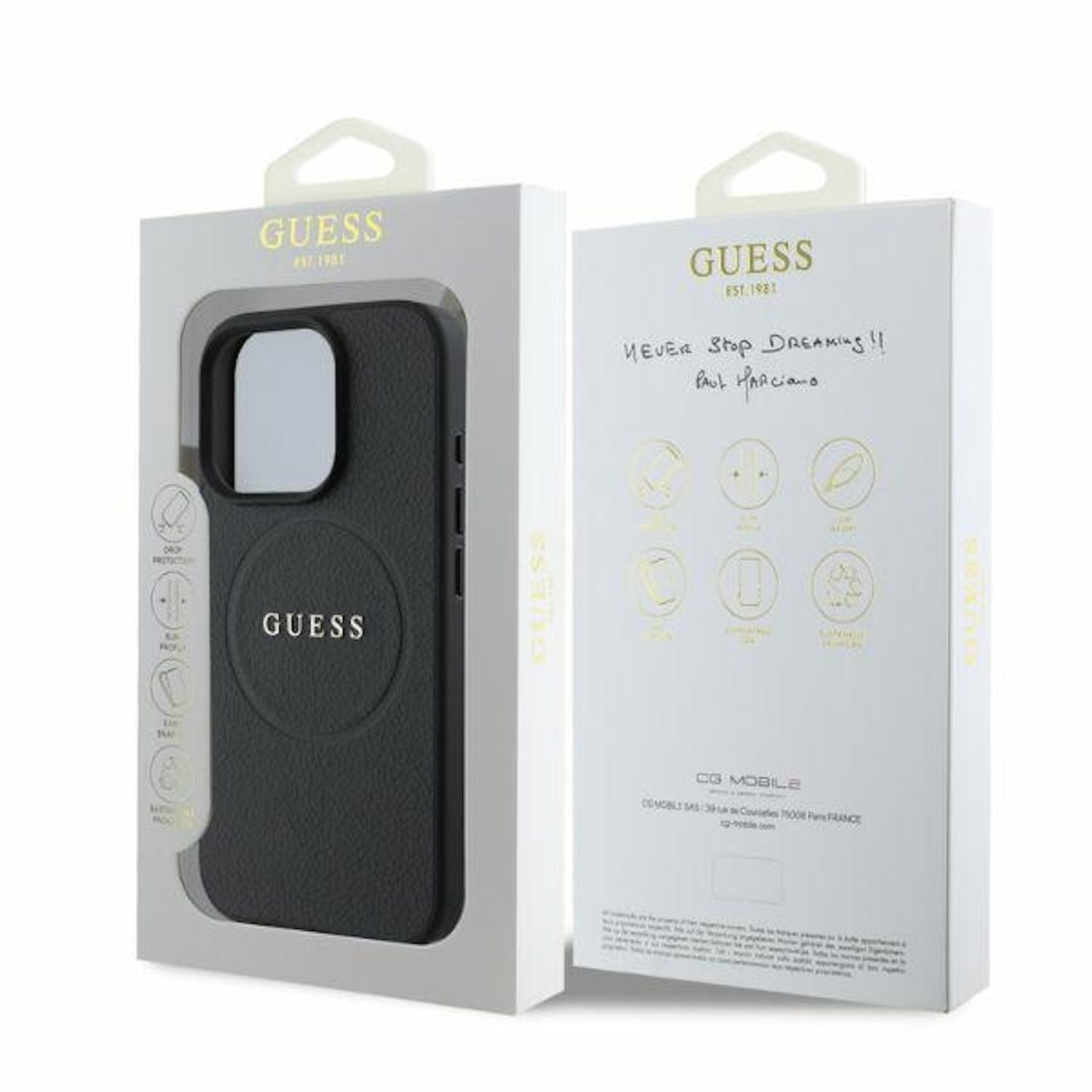 Custodia per telefono GUESS in una scatola. La custodia è nera con il logo Guess. La scatola ha delle note manoscritte.