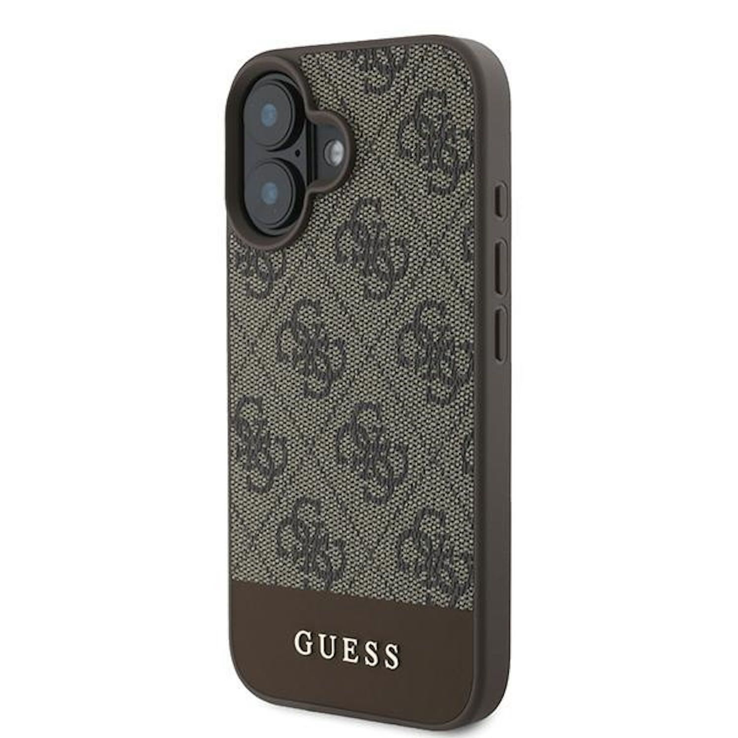 Custodia marrone con motivo ripetuto e la scritta GUESS.