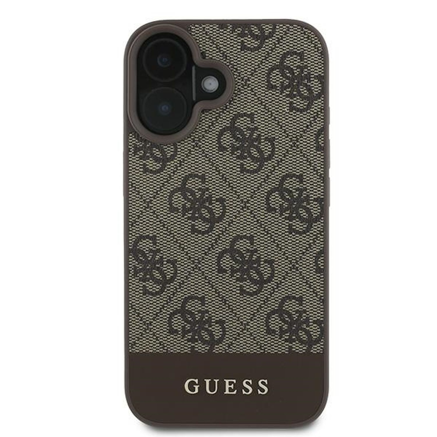 Una custodia per telefono con un motivo marrone e beige e la parola GUESS in basso.