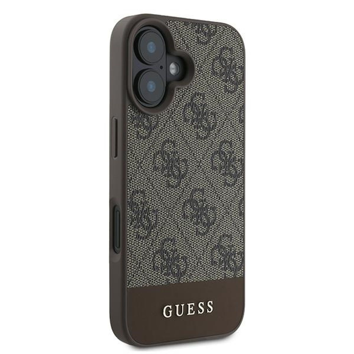 Custodia per telefono con un motivo logo Guess. La custodia ha un bordo marrone.