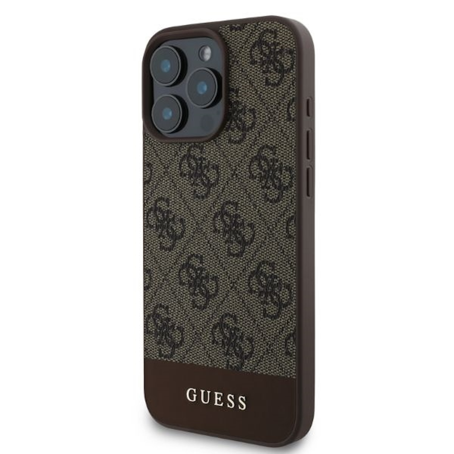 Braune Guess-Handyhülle mit Logo. Weißer Hintergrund.