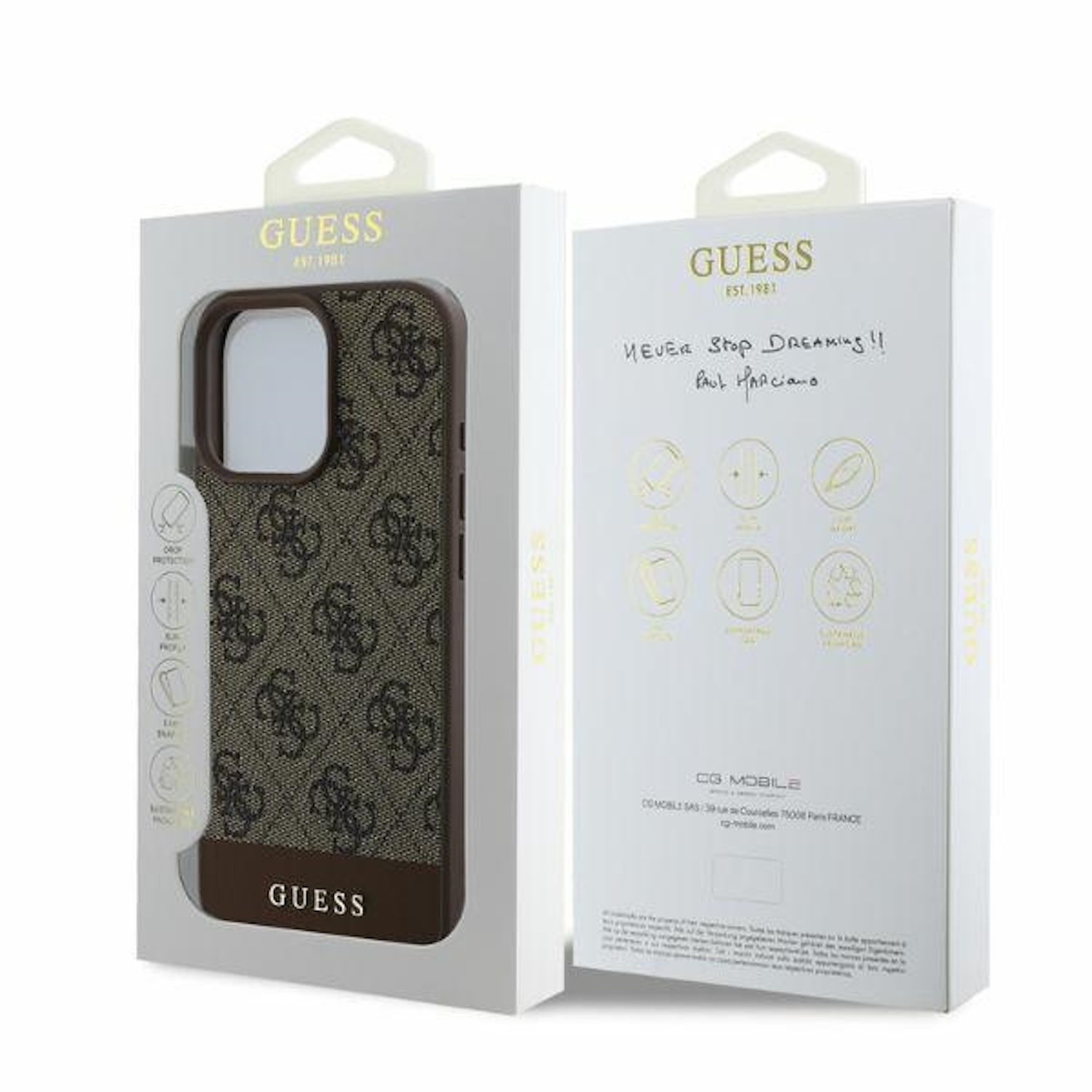 Eine Handyhülle in einer Box. Die Hülle ist braun mit Muster, die Box hat Text und Design.