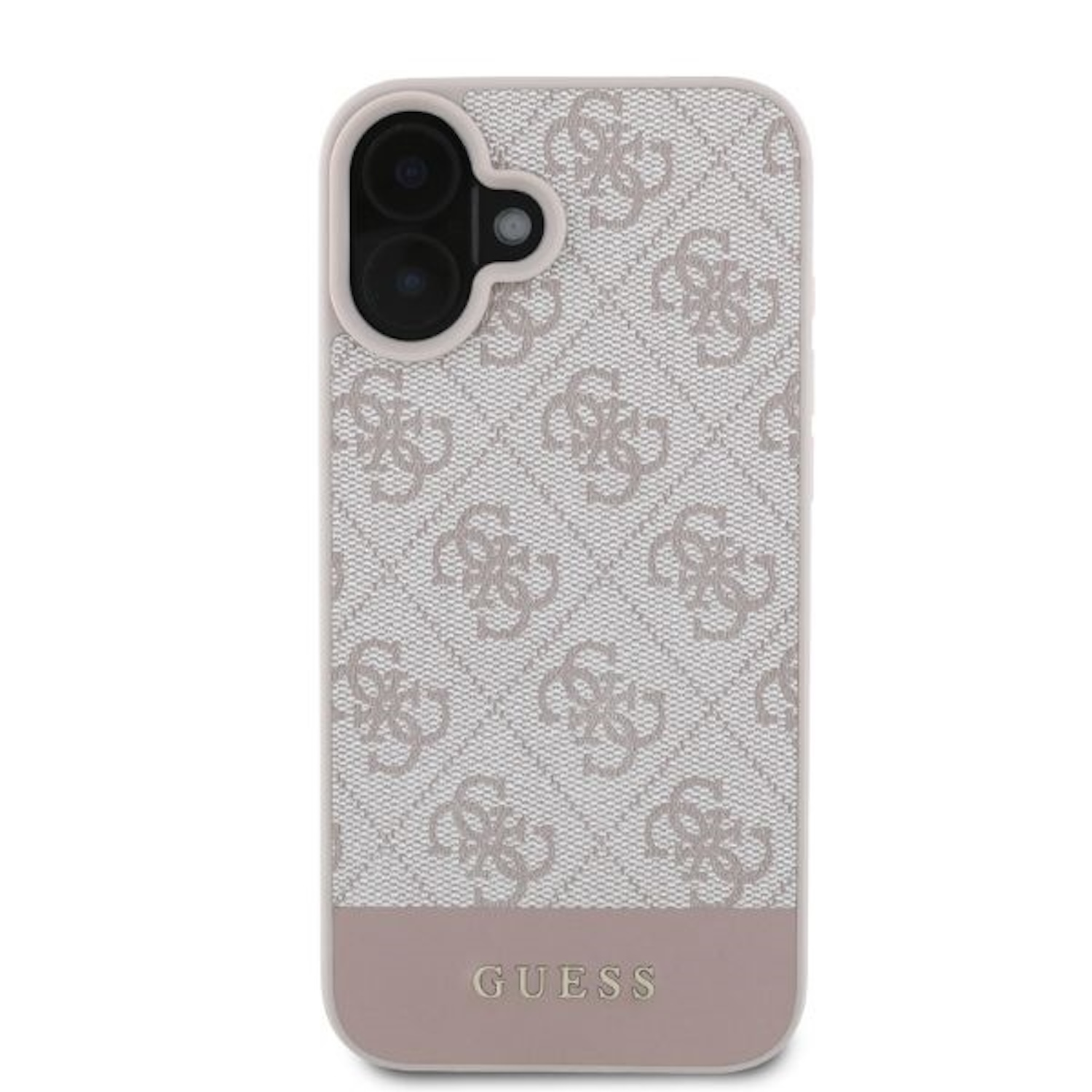 Eine Handyhülle mit hellrosa Rand, Muster und Guess-Logo, auf weißem Untergrund.