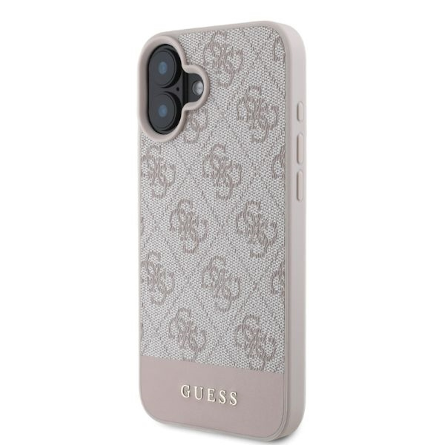 Eine Guess-Handyhülle mit einem hellgrauen und rosa Design.