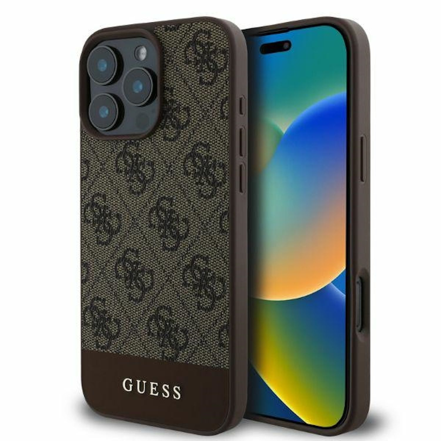 Telefon mit brauner Guess-Hülle. Die Hülle hat ein sich wiederholendes Logo-Muster und einen braunen Sockel.