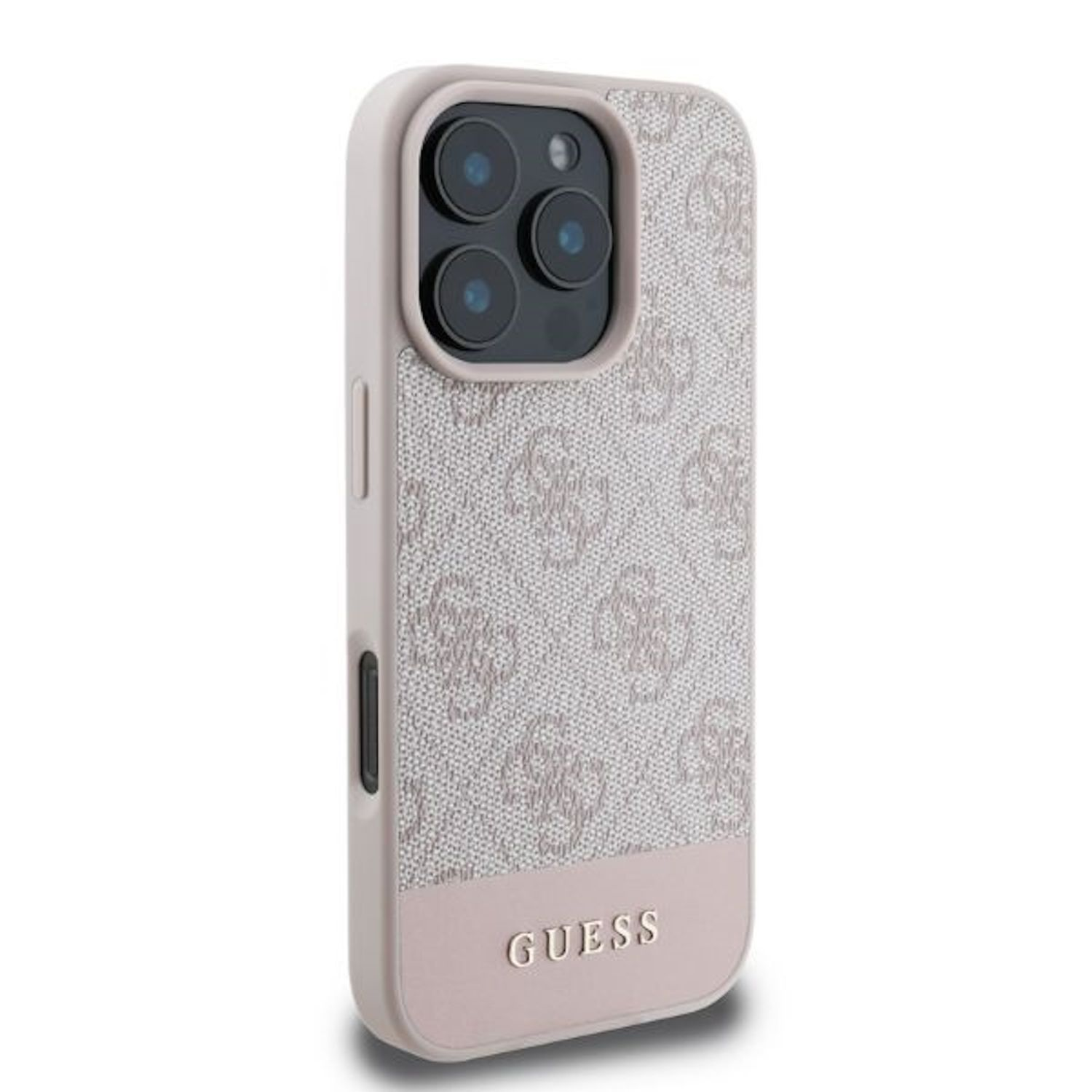 Custodia per telefono con un design a fantasia. Ha una combinazione di colori beige e rosa. Il marchio GUESS è visibile.
