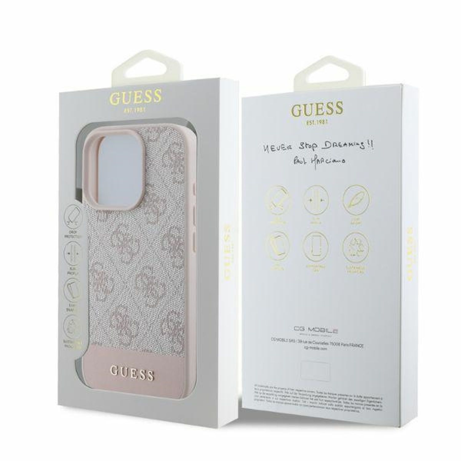 Custodia per telefono nella confezione. Marchio Guess, design rosa e bianco.