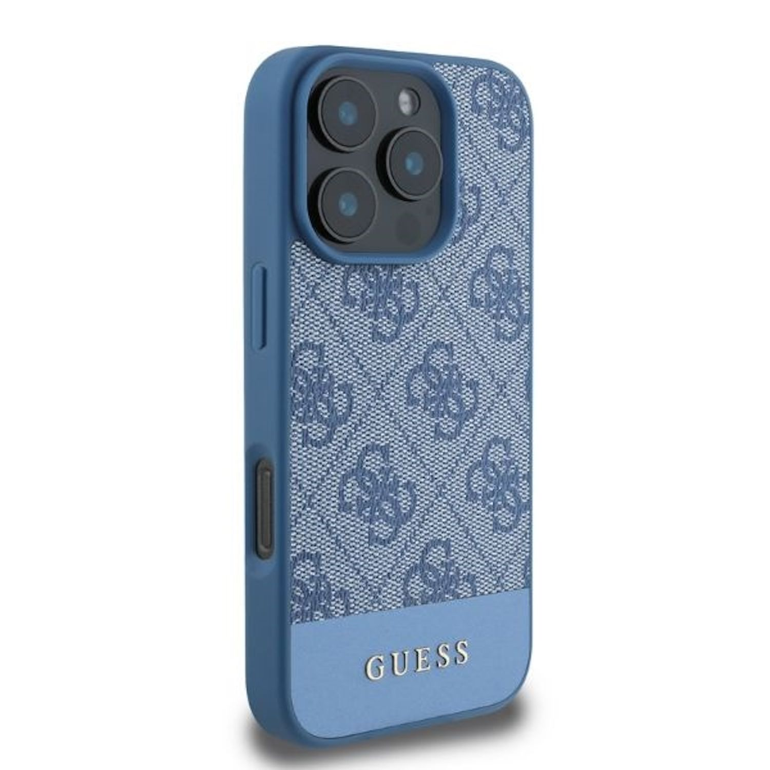 Blaue Handyhülle mit Guess-Logo und Kameraausschnitten.