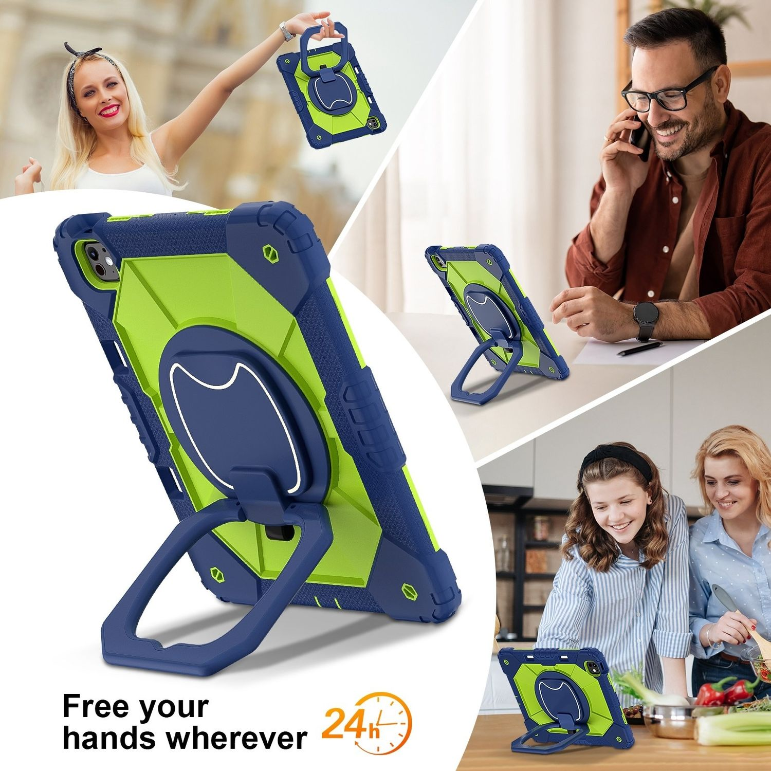 Funda para tableta con soporte, sostenida por personas en diferentes entornos. Texto: Libera tus manos donde sea.