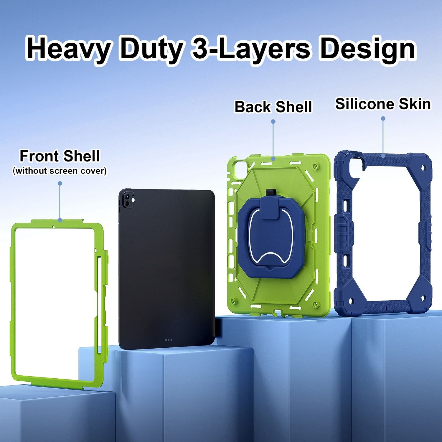 Una funda para tableta con carcasa frontal, trasera y piel de silicona en un fondo azul.