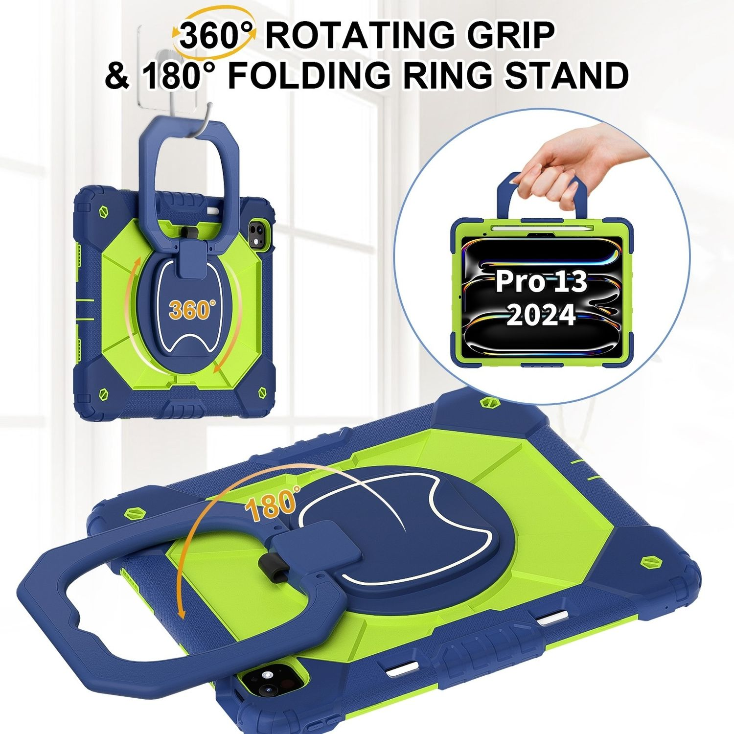 Funda para tableta con agarre giratorio y soporte de anillo plegable.