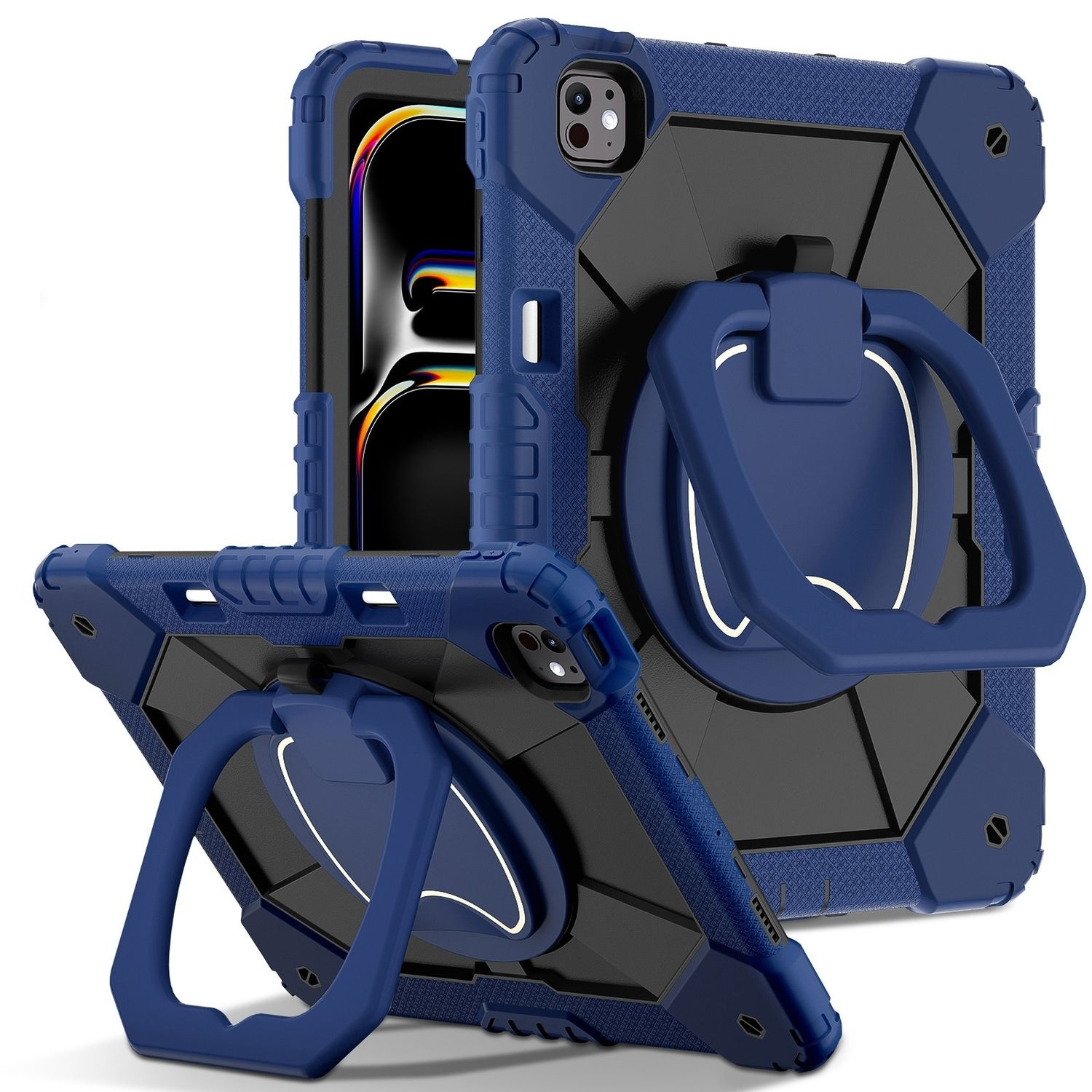 Eine blaue Tablettasche mit Ringständer, zeigt die Rückseite und die Seite. Schwarz und blau.