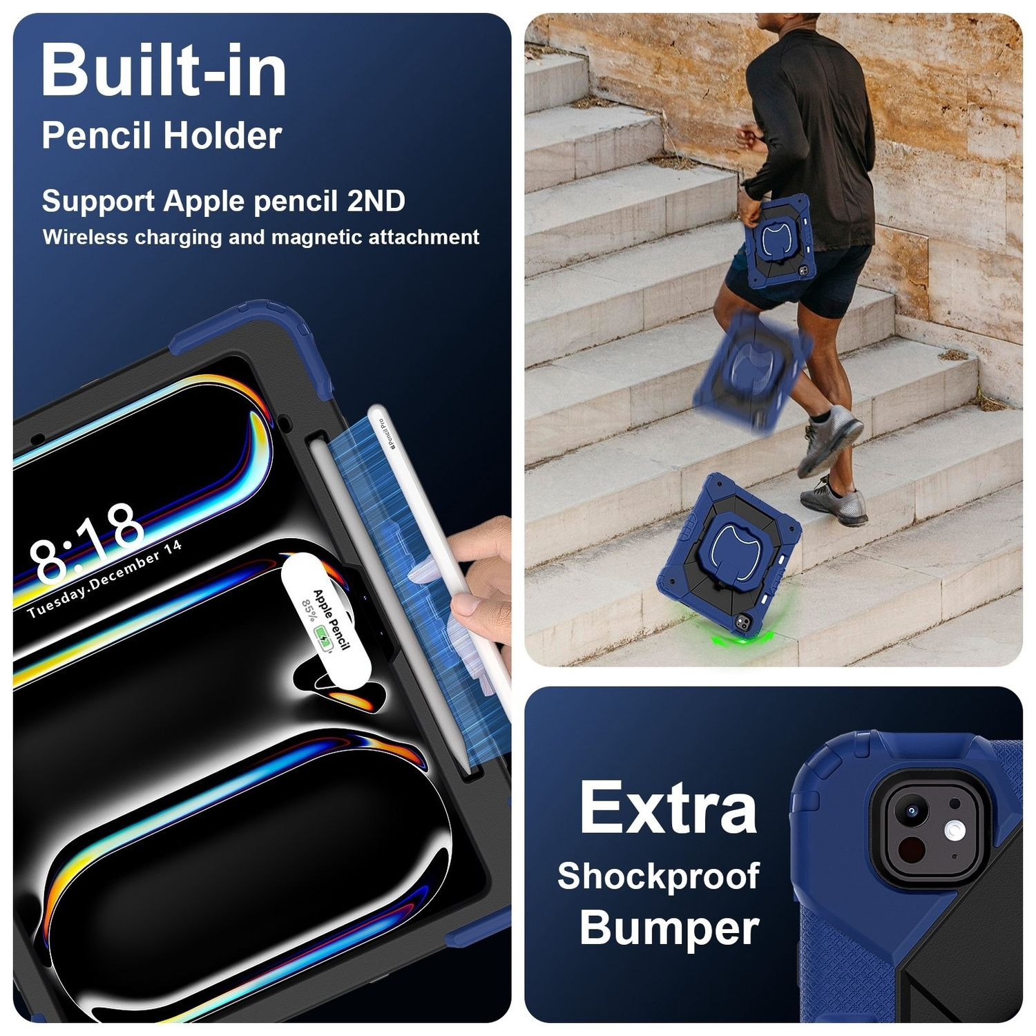 Collage eines iPads mit Stift, Ladung und blau-schwarzem Case. Text: Built-in Pencil Holder.