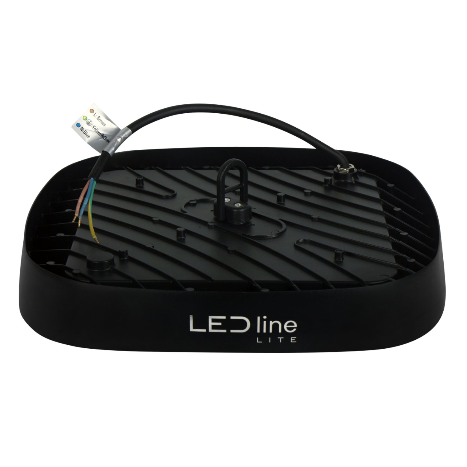 Schwarzes, quadratisches LED-Licht mit angeschlossenen Kabeln. LED-Linie Lite Logo.