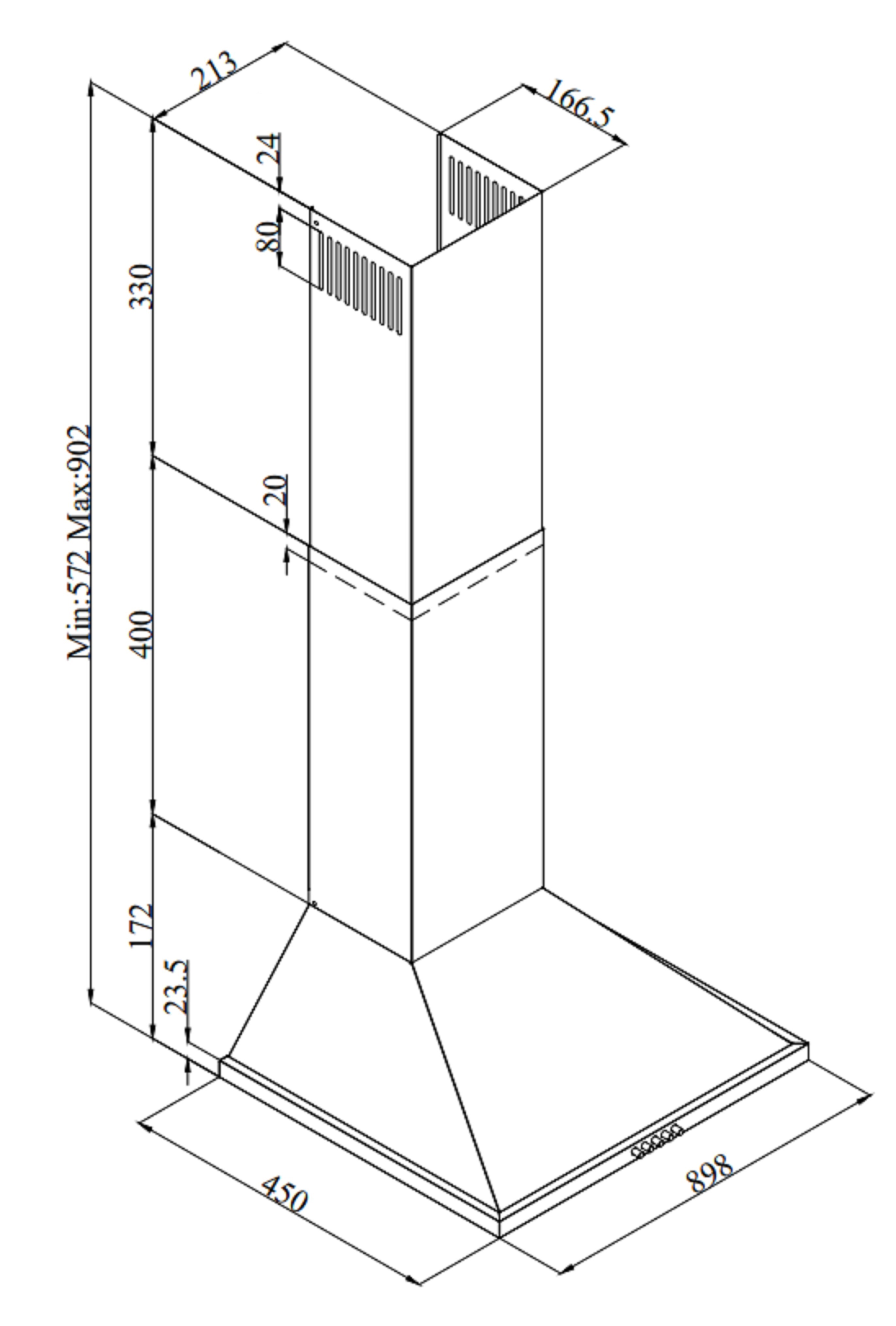 Disegno tecnico. Un condotto rettangolare con dimensioni, linee e numeri, che mostra una cappa aspirante.