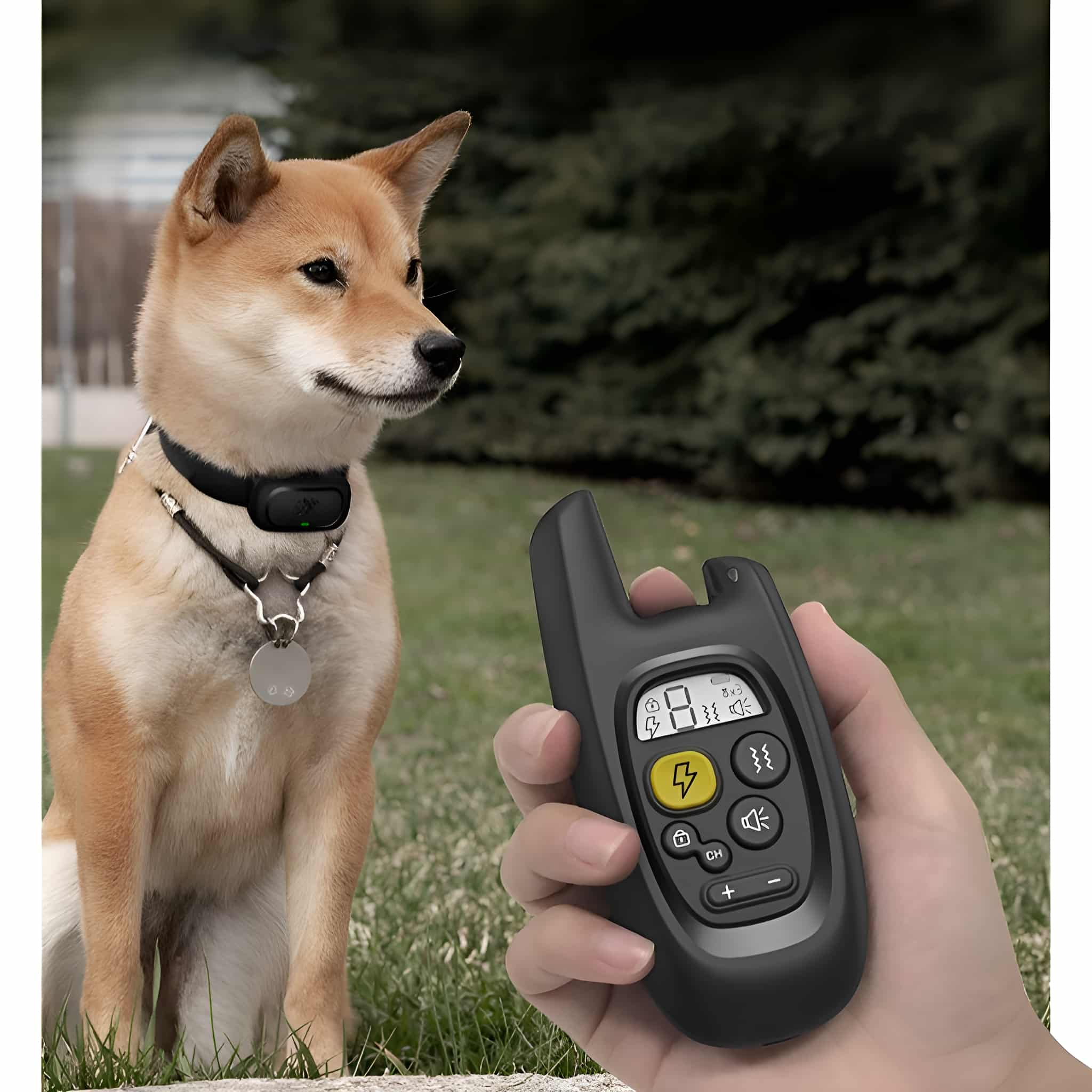 Ein Shiba Inu Hund mit einem Trainingshalsband. Eine Hand hält die Fernbedienung für das Halsband.