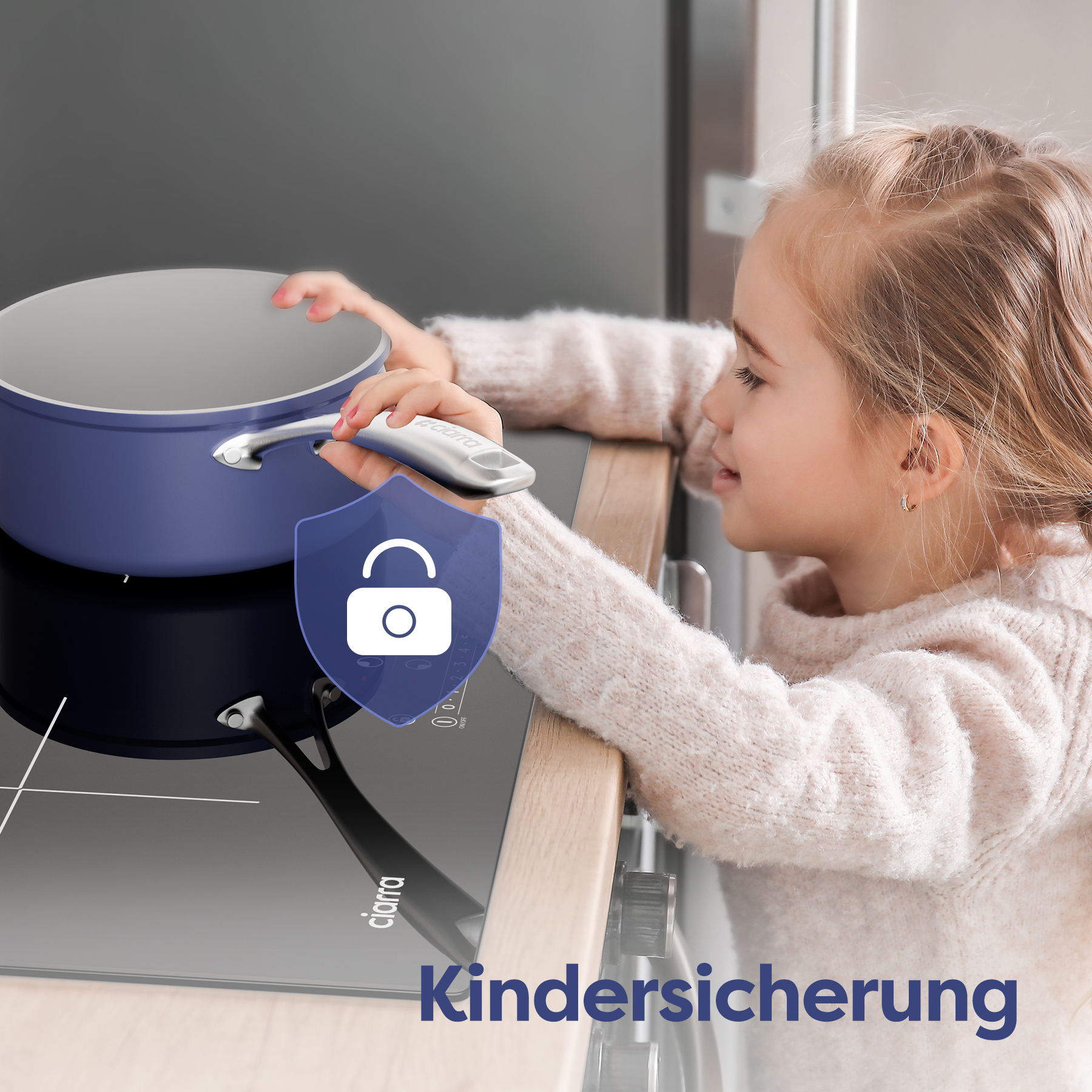 Ein junges Mädchen schützt einen blauen Topf auf einem Herd, ein Schild mit Schloss-Symbol.
