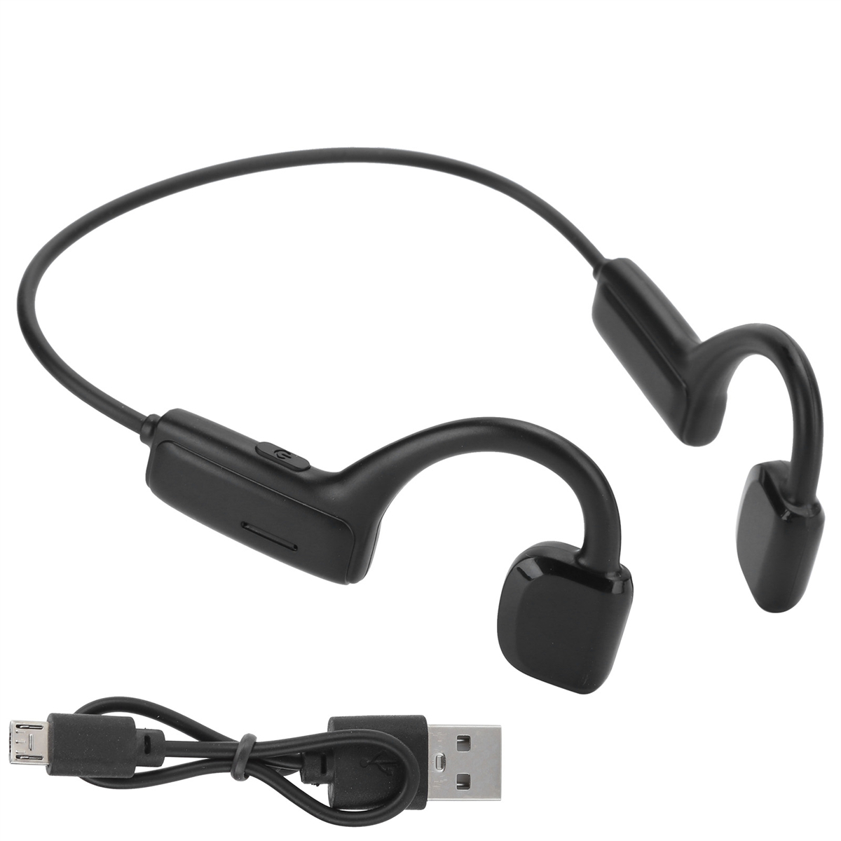 Schwarze Knochenschallkopfhörer und ein Ladekabel. Die Kopfhörer sind klar zu sehen.