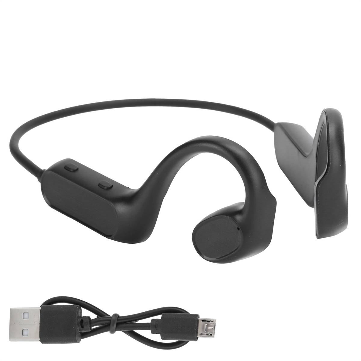 Schwarze Knochenschallkopfhörer mit USB-Kabel. Weißer Hintergrund.