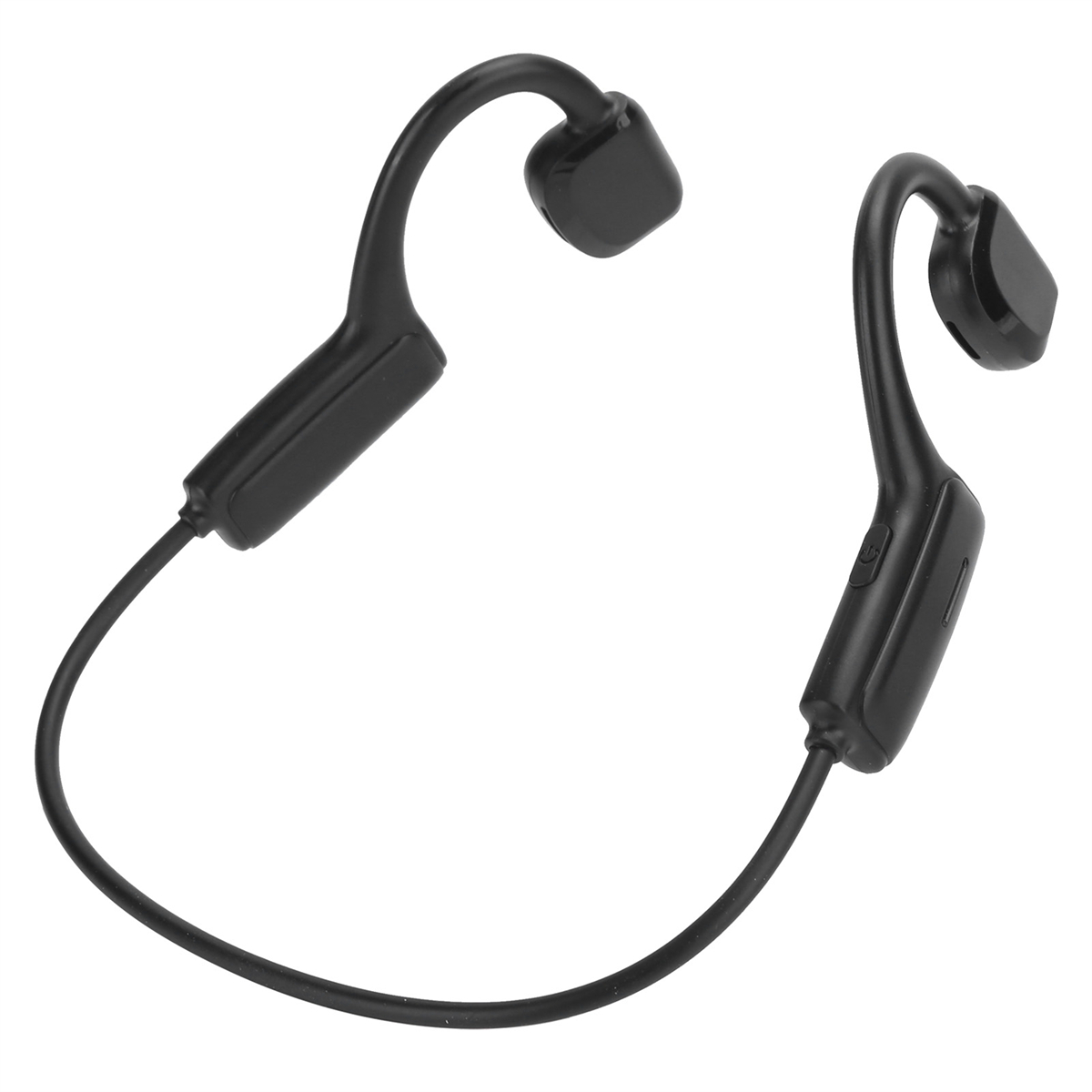 Schwarze Knochenschallkopfhörer. Die Kopfhörer sind durch ein Kabel verbunden. Weißer Hintergrund.