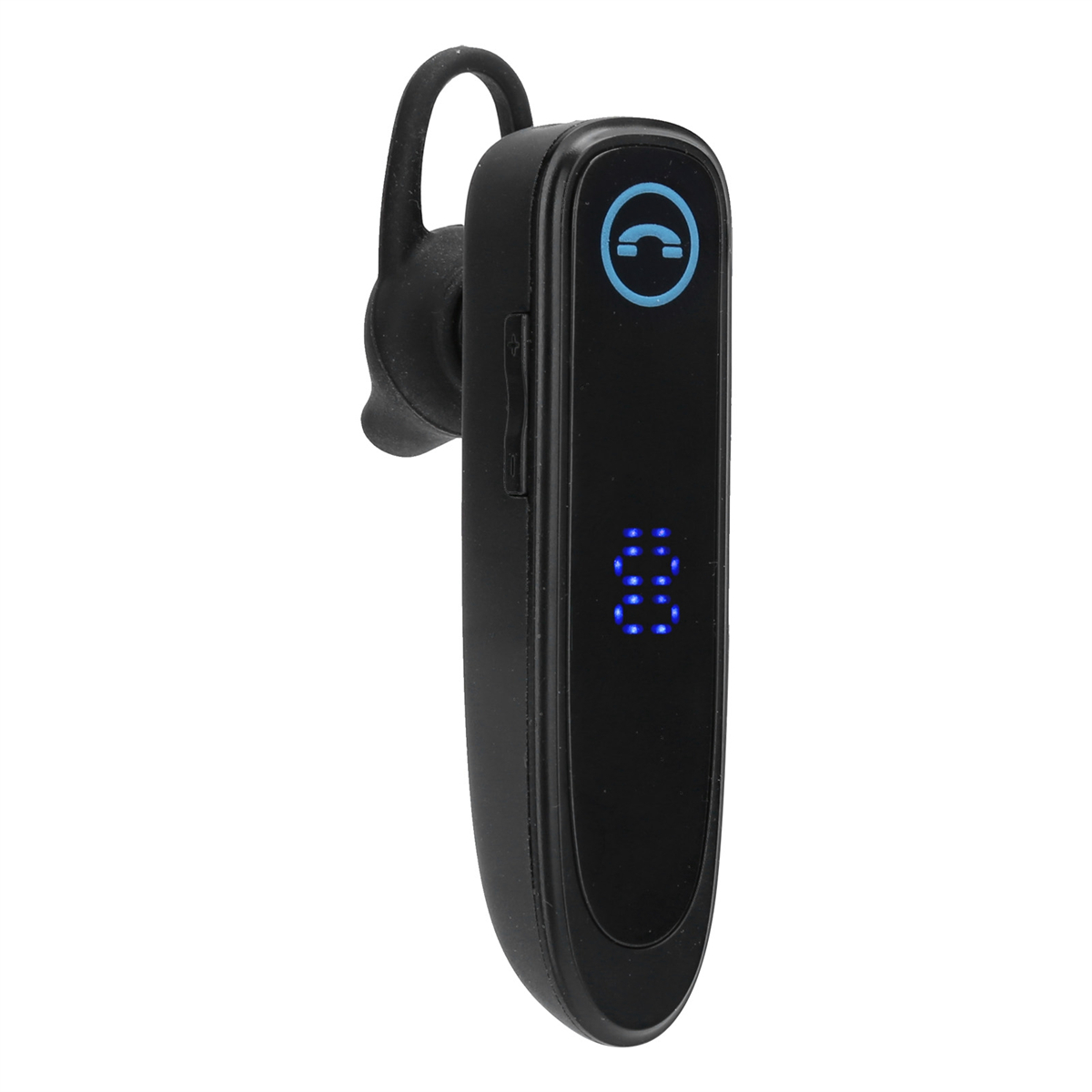 Ein schwarzes Bluetooth-Headset mit blauem Anrufsymbol auf weißem Hintergrund.