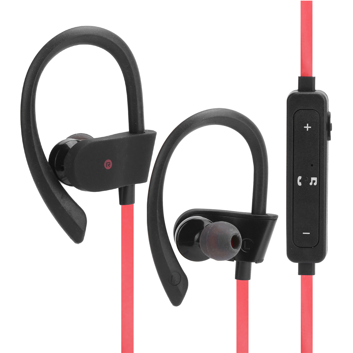 Schwarze und rote kabellose Kopfhörer. Ohrbügel, rotes Kabel und Bedientasten sind sichtbar.