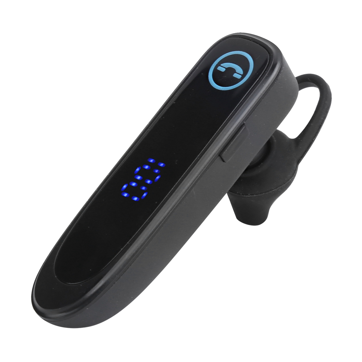 Schwarzes Bluetooth-Headset mit LED-Anzeige. Weißer Hintergrund.
