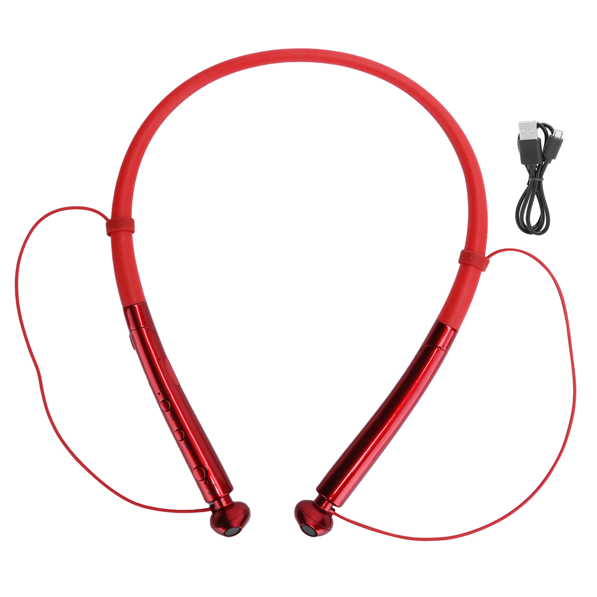 Rote Nackenbügel-Kopfhörer mit USB-Kabel. Die Kopfhörer haben rote Akzente und Knöpfe.