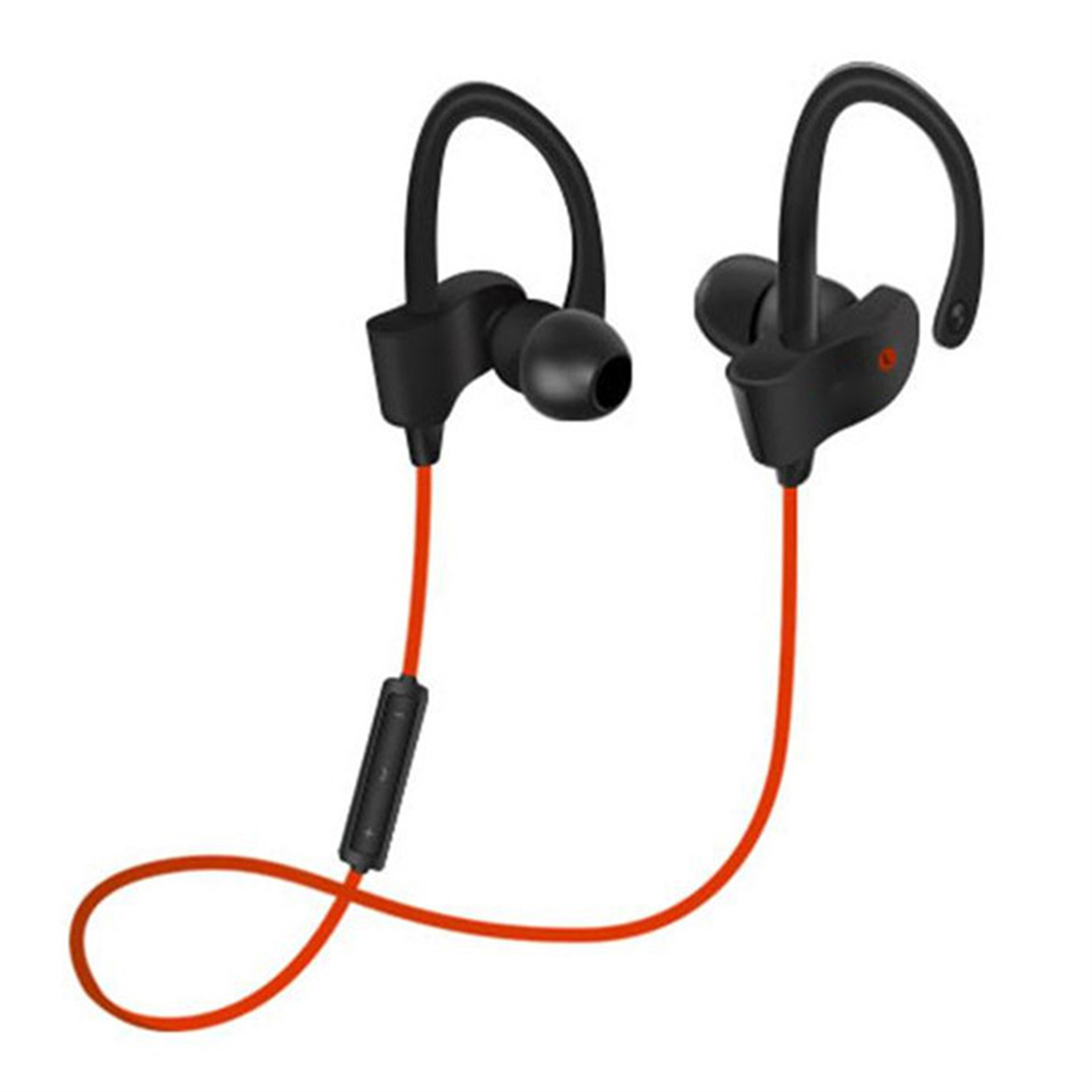Schwarze kabellose Ohrhörer mit roten Akzenten. Die Ohrhörer sind durch ein rotes Kabel verbunden.