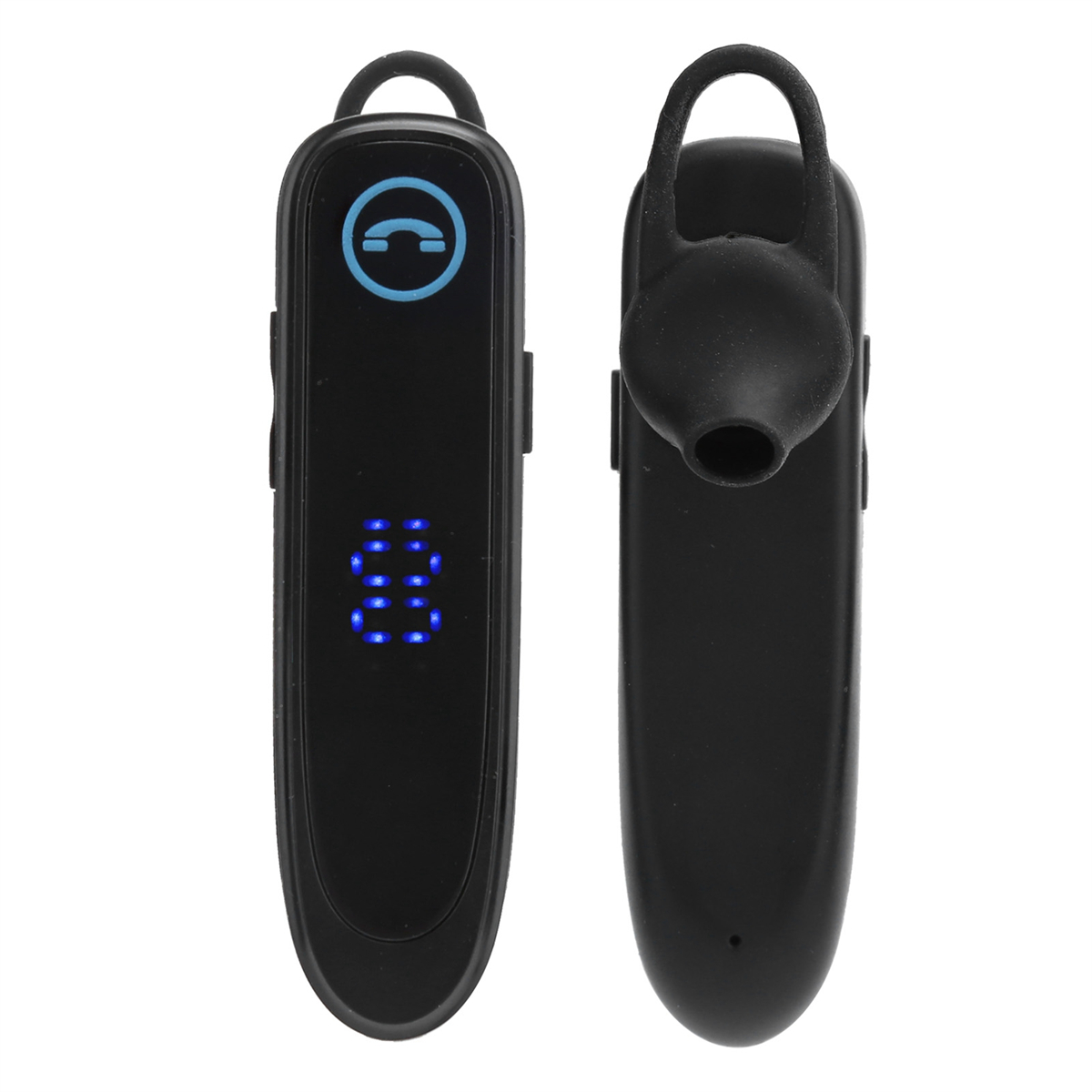 Zwei schwarze Bluetooth-Headsets. Eines hat ein blaues Anruf-Symbol und LEDs. Das andere hat einen Silikon-Ohrhörer.