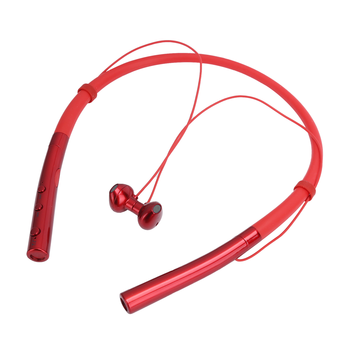 Rote Bluetooth-Kopfhörer im Nackenbügel-Stil. Nackenbügel und Kabel sind rot, ebenso die Ohrhörer.