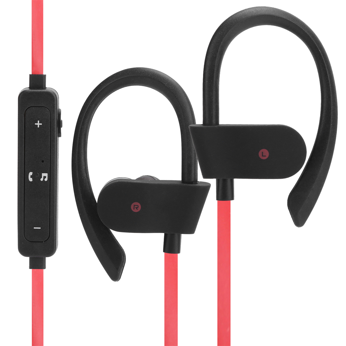 Schwarze und rote Sportkopfhörer. Rotes Kabel. Bedienfeld mit Plus, Minus und einer Taste.