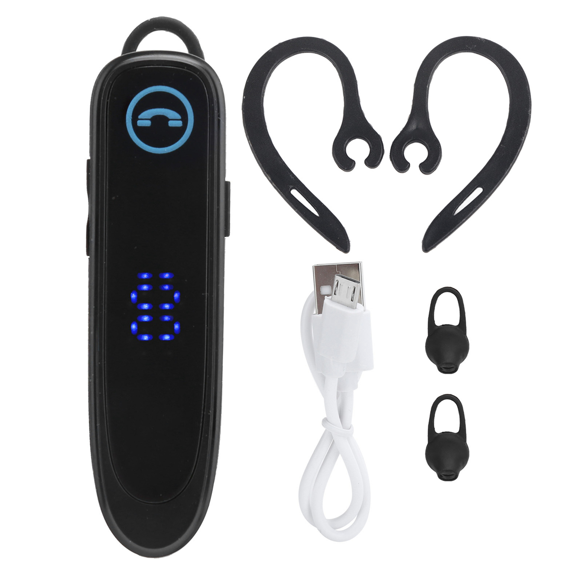 Schwarzes Bluetooth-Headset, USB-Kabel und Zubehör auf Weiß.