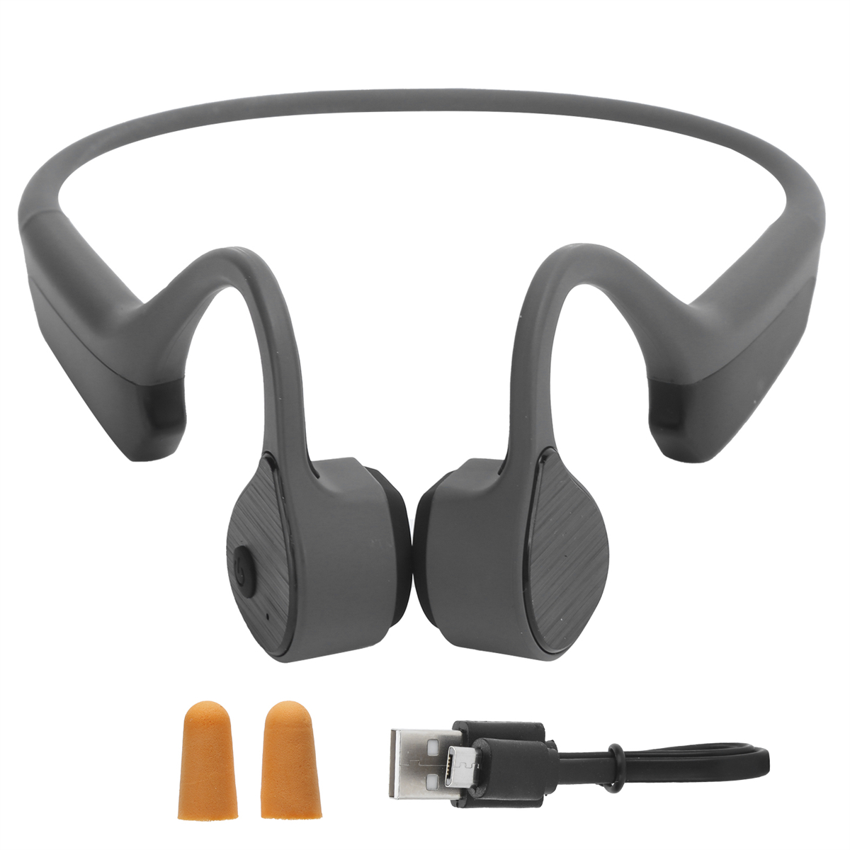 Graue Knochenschallkopfhörer mit USB-Kabel und orangefarbenen Ohrstöpseln.