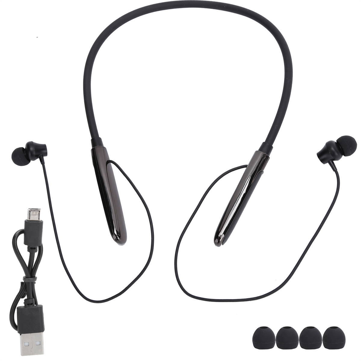 Schwarze Bluetooth-Ohrhörer im Nackenbügel-Stil, USB-Kabel und zusätzliche Ohrstöpsel.