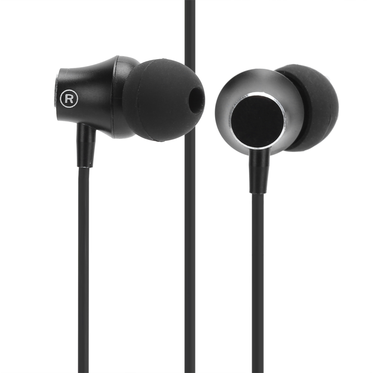Schwarze Ohrhörer mit Kabel. Weißer Hintergrund.