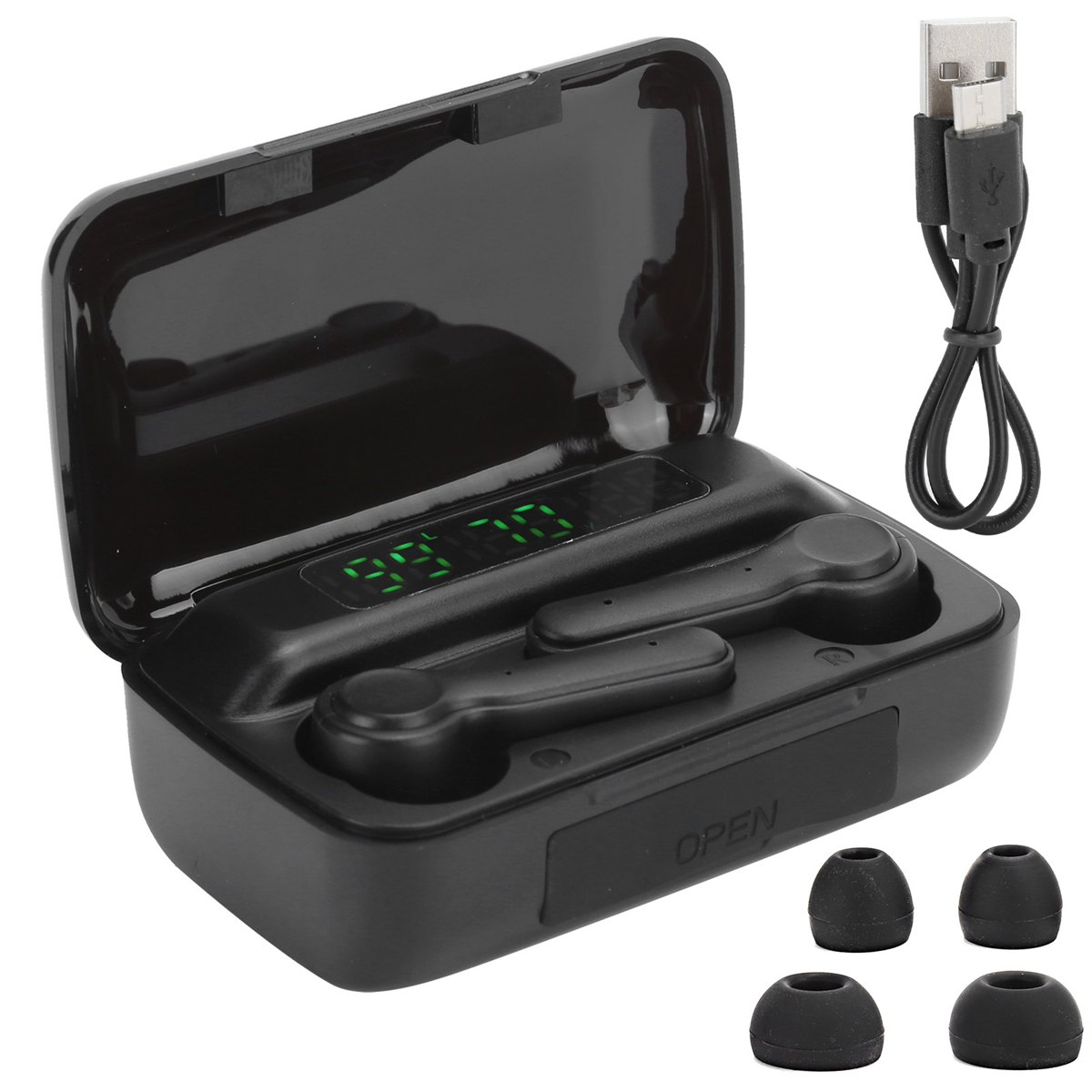 Schwarze Ohrhörer mit Ladecase und USB-Kabel. Auch Silikon-Ohrstöpsel.