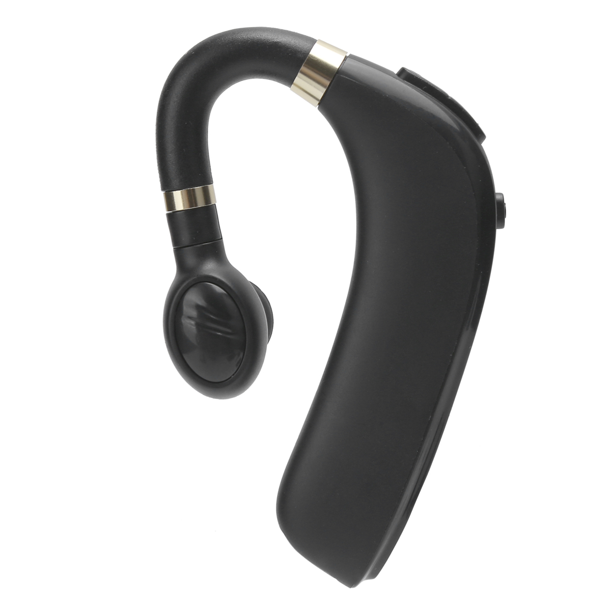Schwarzes Bluetooth-Headset mit goldenen Akzenten. Es hat einen Ohrbügel und einen kleinen Lautsprecher.