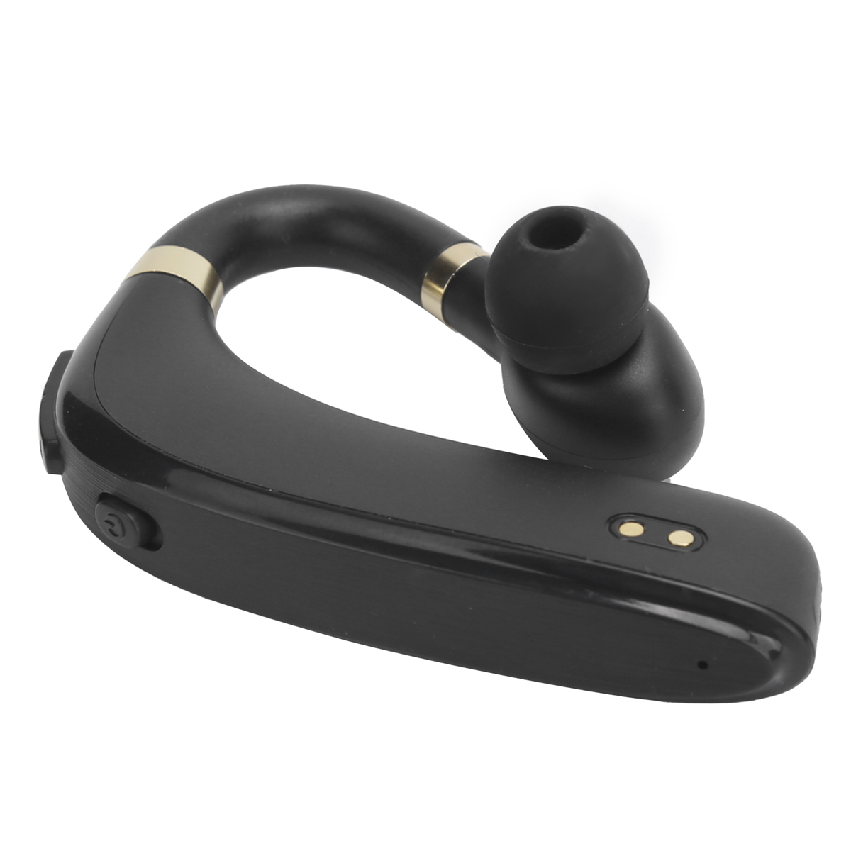 Schwarzes Bluetooth-Headset mit goldenen Akzenten auf weißer Oberfläche.