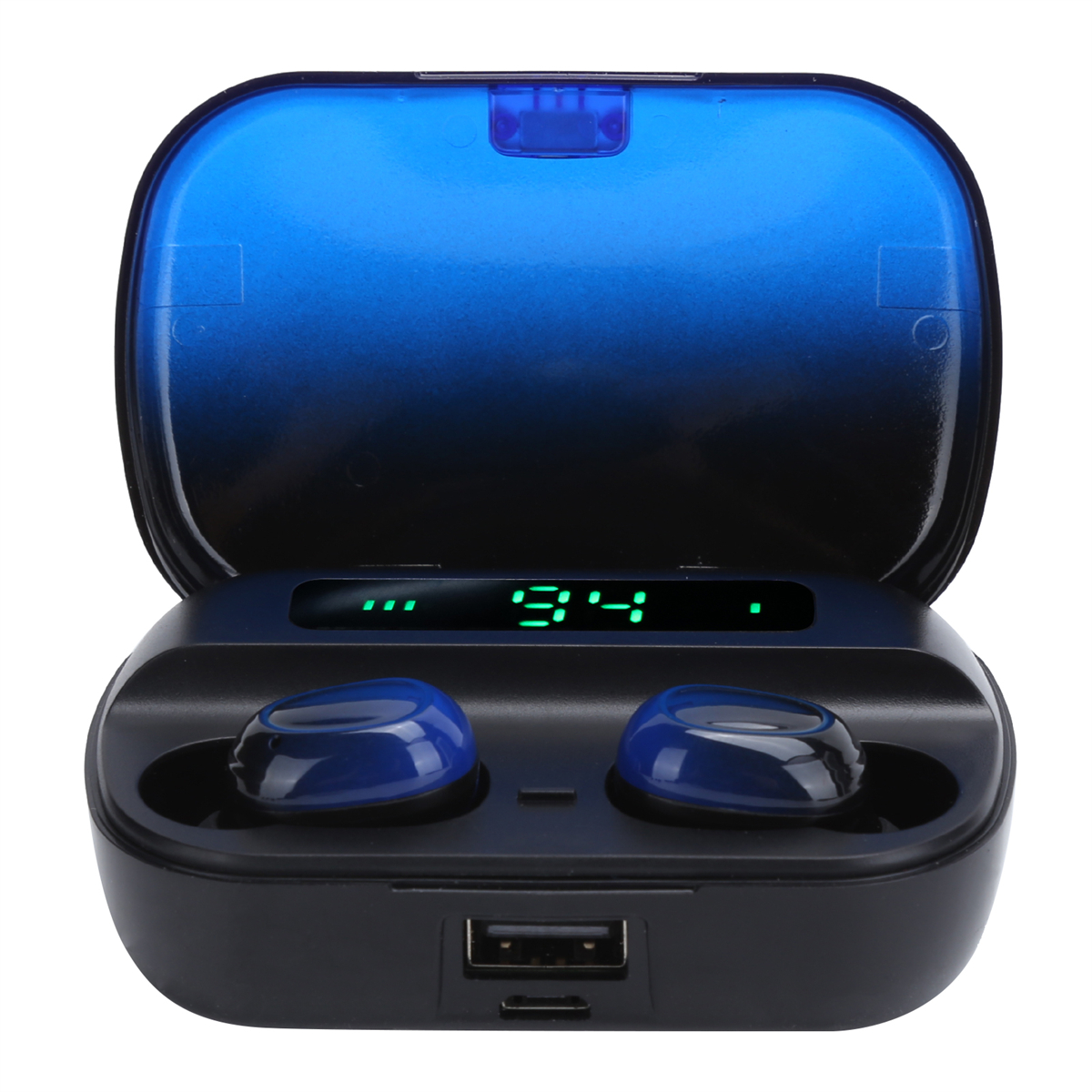 Geöffnete schwarze und blaue Ohrhörerhülle mit zwei blauen Ohrhörern und Digitalanzeige.