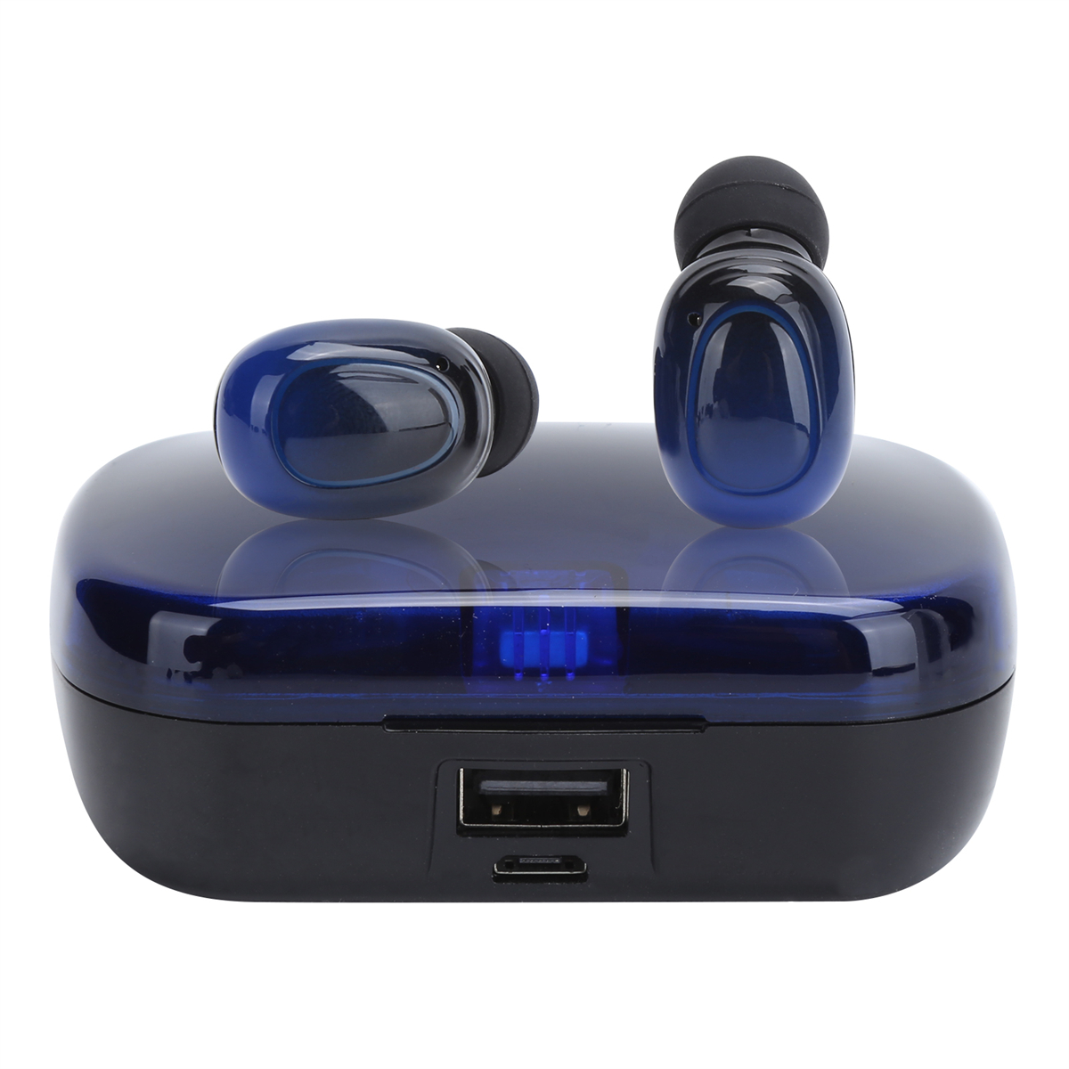 Zwei blaue Ohrhörer und ein Ladecase auf weißem Hintergrund mit USB-Anschluss.